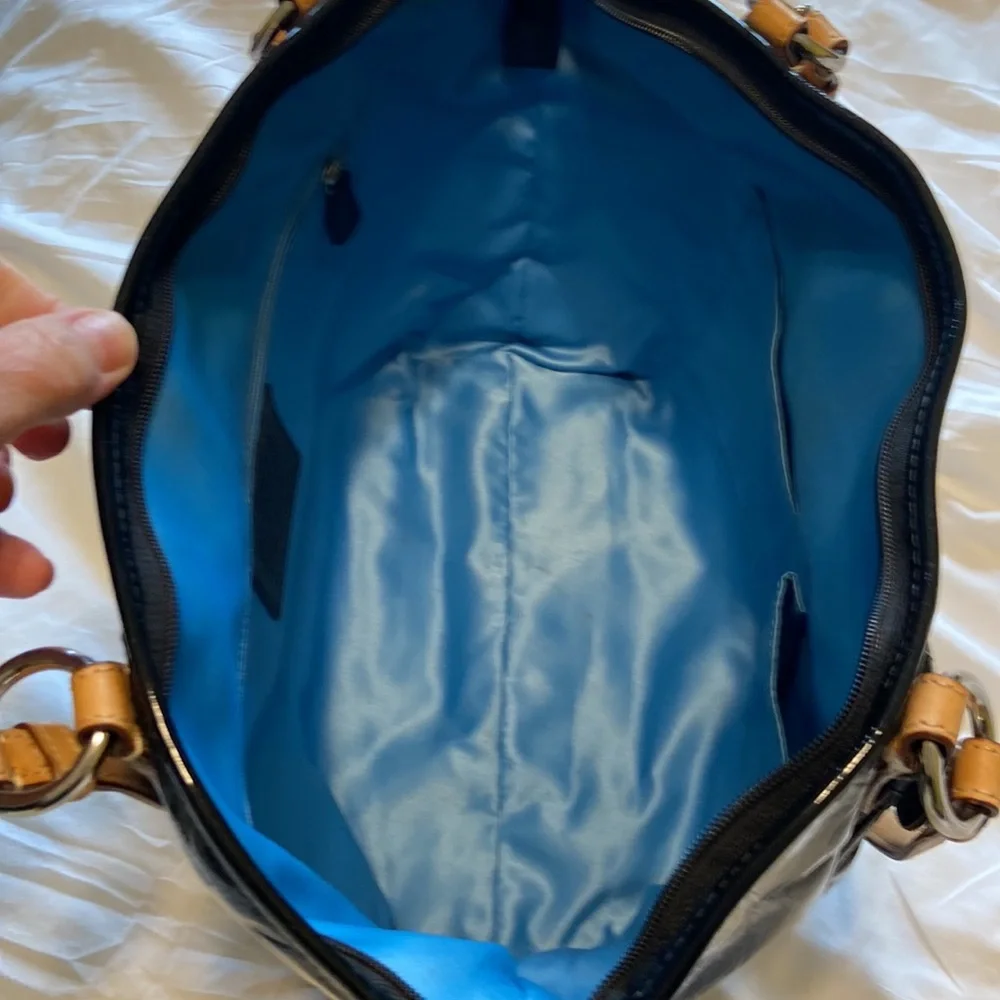 Coach Black Patent Leather Tote Bag Large Signature C Embossed Tan Strap EUC - Picture 8 of 17